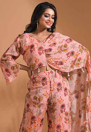 Digital Printed Pure Chiffon Crop Top Set in Pink