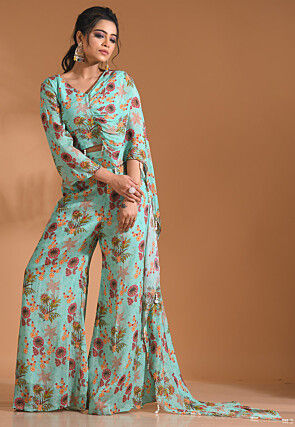 Digital Printed Pure Chiffon Crop Top Set in Sea Green