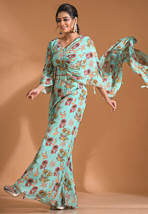 Digital Printed Pure Chiffon Crop Top Set in Sea Green