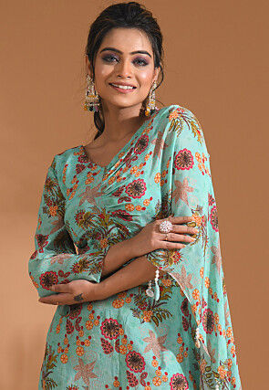 Digital Printed Pure Chiffon Crop Top Set in Sea Green