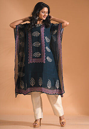 Digital Printed Pure Chiffon Kurta Set in Dark Blue