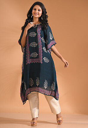 Digital Printed Pure Chiffon Kurta Set in Dark Blue