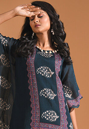 Digital Printed Pure Chiffon Kurta Set in Dark Blue