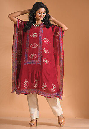 Digital Printed Pure Chiffon Kurta Set in Red
