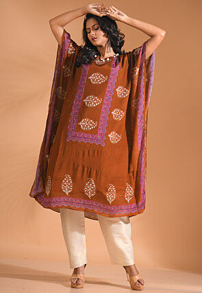 Digital Printed Pure Chiffon Kaftan Kurta Set in Brown