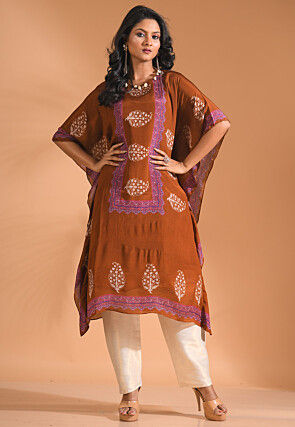 Digital Printed Pure Chiffon Kaftan Kurta Set in Brown