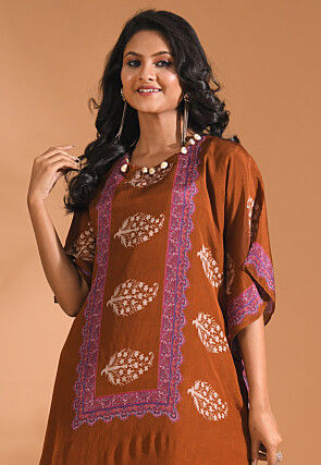 Digital Printed Pure Chiffon Kaftan Kurta Set in Brown