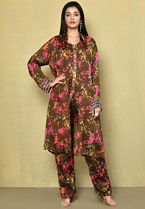 Digital Printed Pure Chinon Chiffon Co Ord Set in Dark Brown