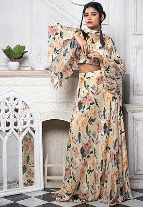 Digital Printed Pure Chinon Chiffon Crop Top Set in Beige
