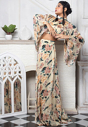 Digital Printed Pure Chinon Chiffon Crop Top Set in Beige