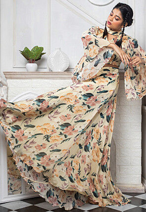 Digital Printed Pure Chinon Chiffon Crop Top Set in Beige