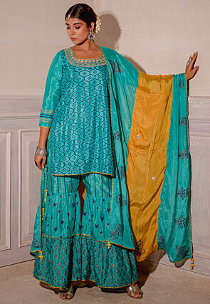 Digital Printed Pure Chinon Chiffon Pakistani Suit in Turquoise