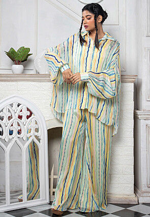 Digital Printed Pure Chinon Chiffon Shirt Style Kaftan Tunic Set in Multicolor