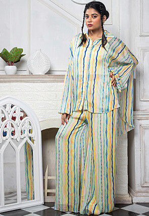 Digital Printed Pure Chinon Chiffon Shirt Style Kaftan Tunic Set in Multicolor