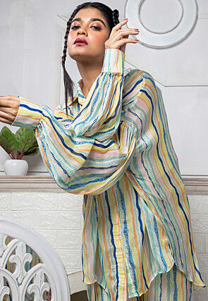 Digital Printed Pure Chinon Chiffon Shirt Style Kaftan Tunic Set in Multicolor