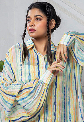 Digital Printed Pure Chinon Chiffon Shirt Style Kaftan Tunic Set in Multicolor