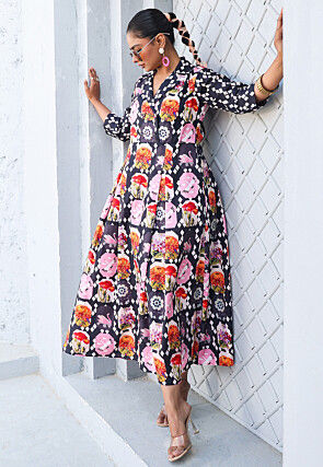 Digital Printed Pure Cotton A Line Dress in Black