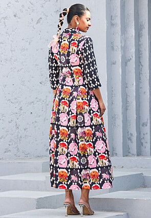 Digital Printed Pure Cotton A Line Dress in Black