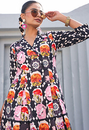 Digital Printed Pure Cotton A Line Dress in Black