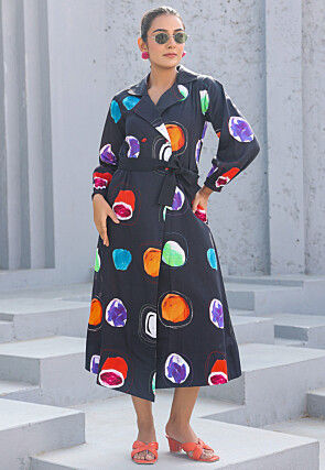 Digital Printed Pure Cotton A Line Dress in Black
