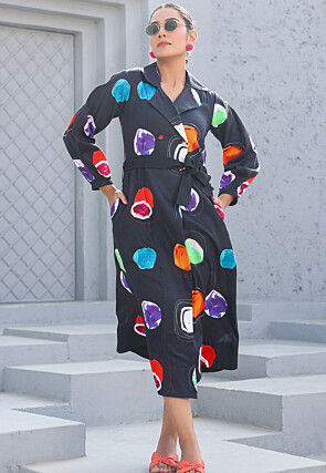 Digital Printed Pure Cotton A Line Dress in Black