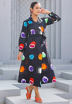 Digital Printed Pure Cotton A Line Dress in Black
