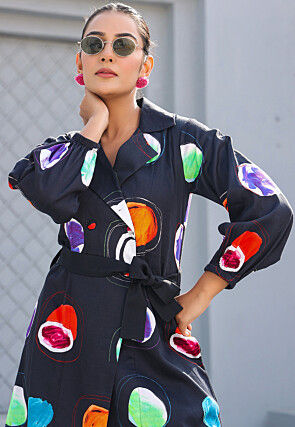 Digital Printed Pure Cotton A Line Dress in Black