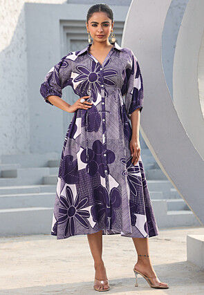 Digital Printed Pure Cotton A Line Dress in Indigo Blue
