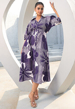 Digital Printed Pure Cotton A Line Dress in Indigo Blue