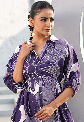 Digital Printed Pure Cotton A Line Dress in Indigo Blue