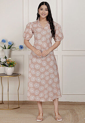 Digital Printed Pure Cotton A Line Dress in Light Brown