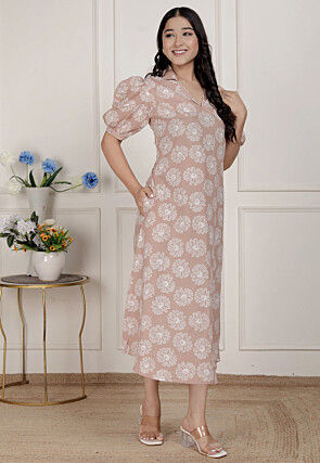 Digital Printed Pure Cotton A Line Dress in Light Brown