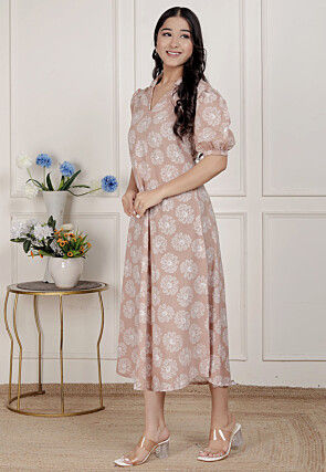 Digital Printed Pure Cotton A Line Dress in Light Brown
