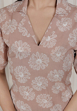 Digital Printed Pure Cotton A Line Dress in Light Brown