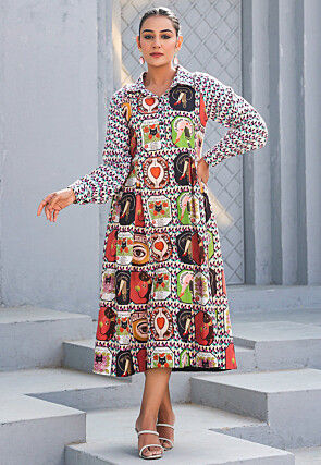 Digital Printed Pure Cotton A Line Dress in Multicolor