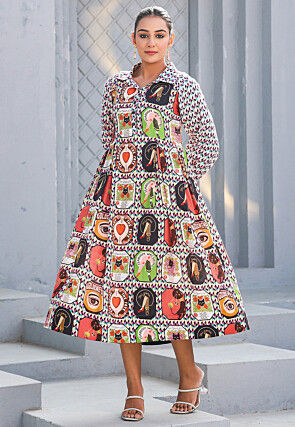 Digital Printed Pure Cotton A Line Dress in Multicolor