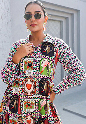 Digital Printed Pure Cotton A Line Dress in Multicolor