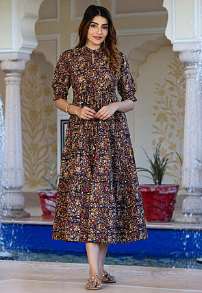 Digital Printed Pure Cotton A Line Dress in Navy Blue