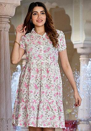 Digital Printed Pure Cotton A Line Dress in Off White