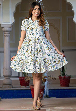 Digital Printed Pure Cotton A Line Dress in Off White