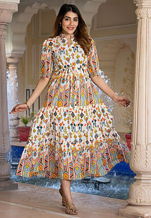 Digital Printed Pure Cotton A Line Dress in Off White