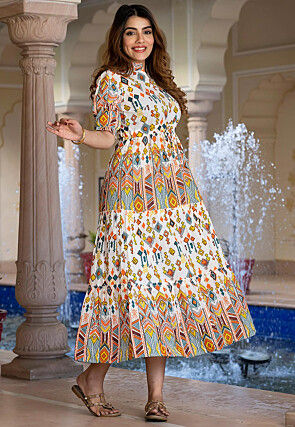 Digital Printed Pure Cotton A Line Dress in Off White