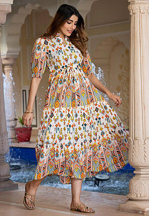 Digital Printed Pure Cotton A Line Dress in Off White