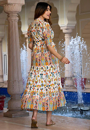 Digital Printed Pure Cotton A Line Dress in Off White