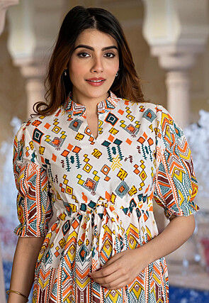 Digital Printed Pure Cotton A Line Dress in Off White