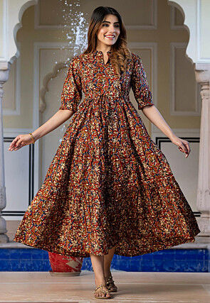 Digital Printed Pure Cotton A Line Dress in Red