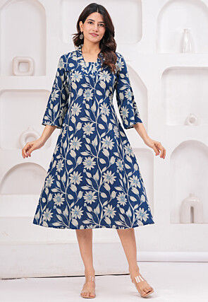 Digital Printed Pure Cotton A Line Dress in Teal Blue