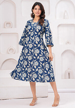 Digital Printed Pure Cotton A Line Dress in Teal Blue