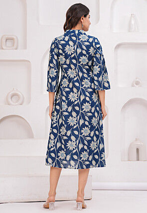 Digital Printed Pure Cotton A Line Dress in Teal Blue