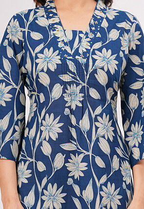 Digital Printed Pure Cotton A Line Dress in Teal Blue